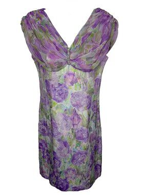 Vintage 80s Leslie Fay Cocktail Dress Size 8 Purple Floral Chiffon Rhinestones